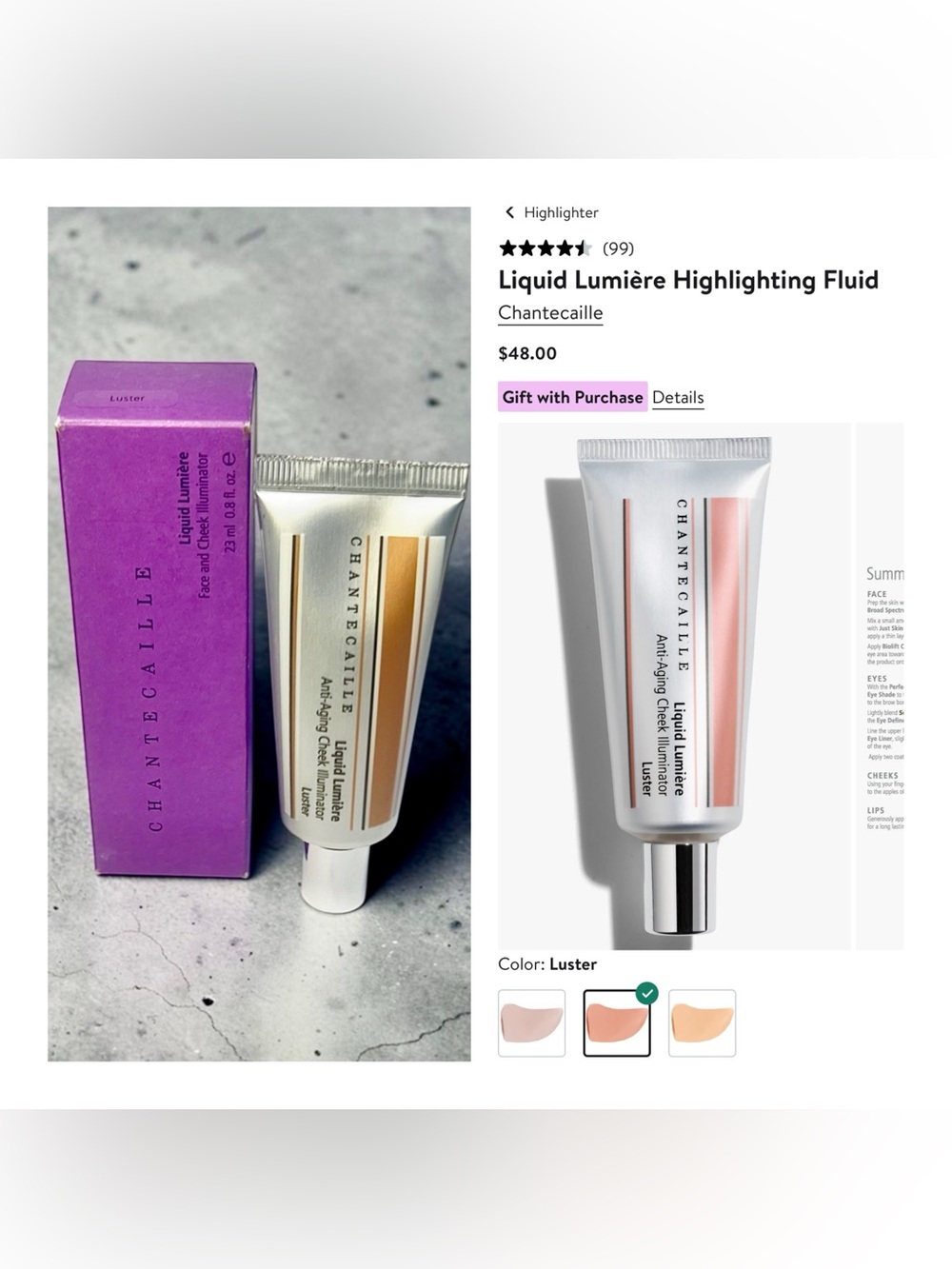Chantecaille Liquid Lumière Anti-Aging Cheek Illuminator in Luster. MSRP$48. NIB